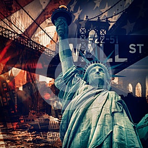 New York City collage including the Statue of Liberty and severa