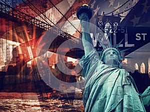 New York City collage including the Statue of Liberty and severa