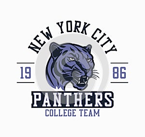 New York city college league, Panthers team t-shirt design. College tee shirt print design with panthers head.