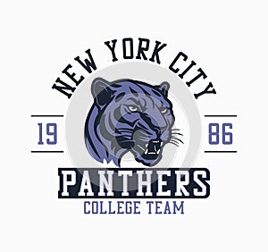New York city college league, Panthers team t-shirt design. College tee shirt print design with panthers head. photo