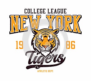 New York city college league, tigers team t-shirt design. College tee shirt print design with tiger head and grunge. photo
