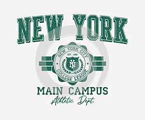 New York city college style print for t-shirt with shield and wreath. Typography graphics for New York college