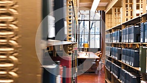 NEW YORK CITY - DECEMBER 2018: New York City Public Library shelves. Slow motion