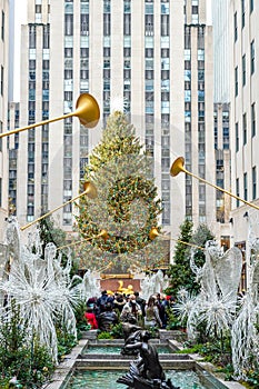 Angel Christmas Decorations and Christmas Tree at the Rockefeller Center in Midtown Manhattan