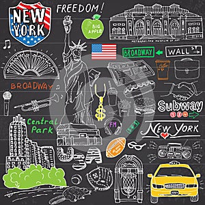 New York city doodles elements. Hand drawn set with, taxi, coffee, hotdog, statue of liberty, broadway, music, coffee, newspaper,