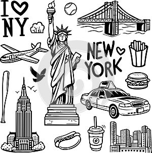 New York city doodles elements. Isolated black sketch collection.