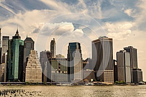 new york city. east river cityscape on manhattan, new york. city skyscraper of manhattan. modern skyscraper cityscape in