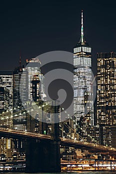 New York City empty streets. New York City skyline at night with Brooklyn Bridge.