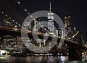 New York City empty streets. NYC skyline with Brooklyn bridge at night