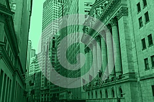 New York City financial buildings in money green colors