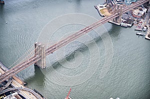 New York City from helicopter point of view. Brooklyn Bridge aerial view