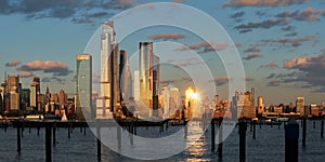 New York City- The Hudson Yards skyscrapers at Sunset. Manhattan Midtown West panoramic cityscape