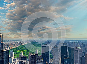 NEW YORK CITY - JUNE 10, 2013: Panoramic aerial view of Midtown Manhattan skyline with Central Park