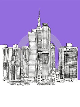 New York City landmark Manhattan downtown skyscrapers Hand drawn line art illustration New York, USA. Simple urban