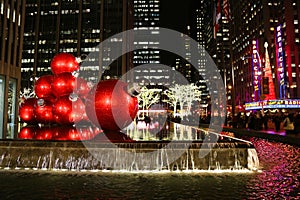 New York City landmark, Radio City Music Hall in Rockefeller Center decorated with Christmas decorations in Midtown Manhattan