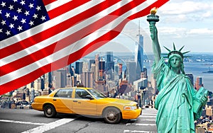 New York City with Liberty Statue ad yellow cab