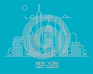 New York city line vector illustration. Famous buildings and skyscrapers. Cityscape.