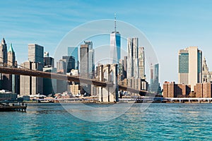 New York city Lower Manhattan skyline and Brooklyn bridge panorama