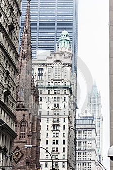 New York City, Lower Manhattan, skyscrapers on Broadway street.