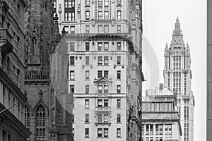 New York City, Lower Manhattan, skyscrapers on Broadway street.