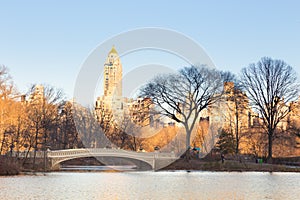 New York City Manhattan Central Park panorama of The lake with Bow bridge. photo