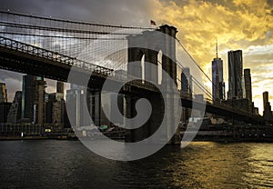 New York City Manhattan downtown skyline and Brooklyn bridge