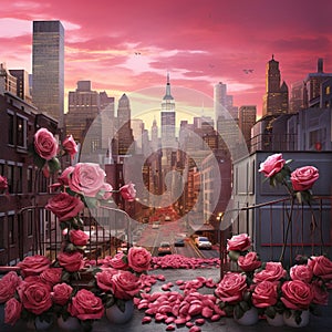 New York City Manhattan downtown skyline panorama with rose flower at sunset. Generative AI Generative AI