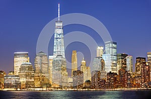 New York City Manhattan downtown skyline with skyscrapers, including the One World Trade Center