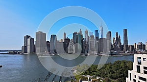 New York City Manhattan midtown skyline panorama with historical landmark skyscrapers over Hudson river