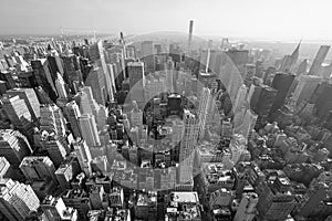 New York City Manhattan skyline, black and white aerial view