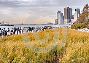 new york city manhattan skyline on a cloudy day in november