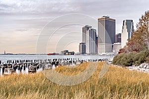 new york city manhattan skyline on a cloudy day in november