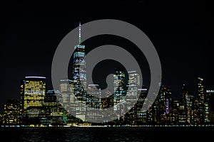 New York City Manhattan skyline panorama at night over Hudson river with reflections viewed from New Jersey