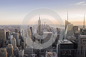 New York City Manhattan skyline at sunset, view from Top of the Rock, Rockfeller Center, United States