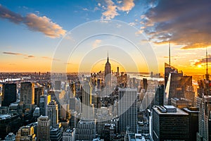 New York City Manhattan skyline at sunset, view from Top of the Rock, Rockfeller Center, United States photo