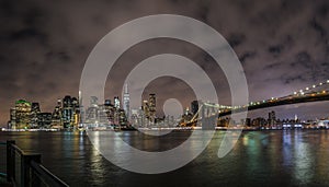 New York City Manhattan downtown panorama at night with skyscrapers illuminated over east river