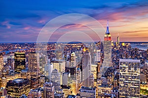 New York City Midtown with Empire State Building at Dusk from Helicopter