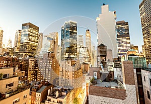 New York City. Midtown Manhattan buildings at sunset, aerial vi