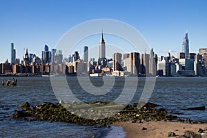 New York City Midtown Manhattan Skyline seen from Bushwick Inlet Park in Williamsburg Brooklyn