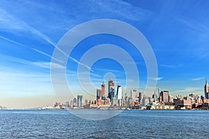 New York City midtown Manhattan sunset skyline panorama view over Hudson River