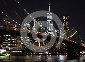 New York City empty streets. NYC skyline with Brooklyn bridge at night photo