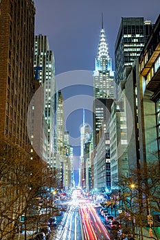 New York City at night - 42nd Street with traffic, long exposure