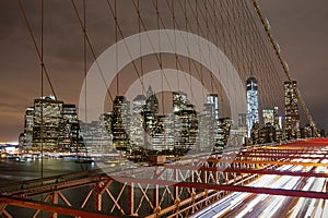 New York city night skyline from Brooklyn bridge