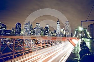 New York city night skyline from Brooklyn bridge