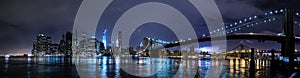 New York City, NY/USA - circa July 2015: Panorama of Brooklyn Bridge and Lower Manhattan by night