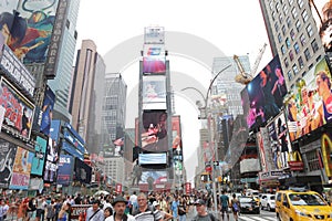 New York City, NY, USA 2.09.2020 - Crowd of tourists and traffic in Times Square