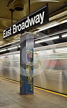 New York City Old Run Down Subway Station Train Arriving Platform