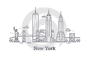 New York city outline skyline, nyc line silhouette, usa tourist and travel vector concept