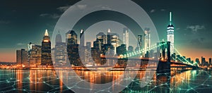 New York City panorama with Brooklyn Bridge and Manhattan skyline at night, Generative AI illustration