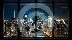 New York city panorama at night view from windows blurred light usa urban